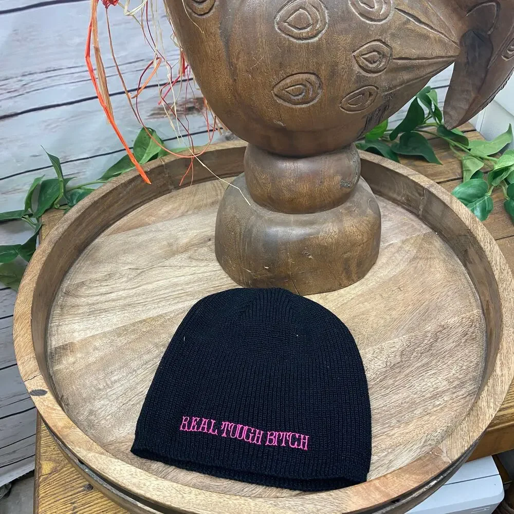 RTB Real Tough Babe Black Biker Beanie Knit Stocking Cap Hat Pink Embroidered